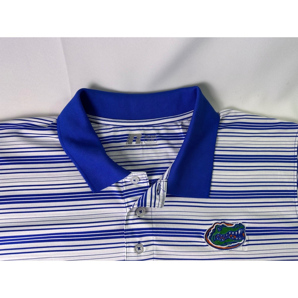 Russell Athletic UF University of Florida Gators Polo Mens XL Blue White Striped
